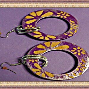 Handmade Purple & Brown Wood Round Circle Dangle Earrings With Flower Designs